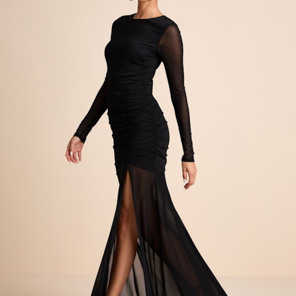 Lulus Vibrant Poise Black Mesh Ruched Maxi Dress - Size S
